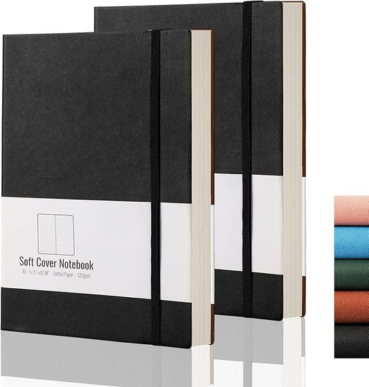AHGXG Dotted Journal Notebook, 320 Pages, 120GSM, A5 (5.7'' × 8.3'') | 2 Pack, Leather Hardcover, for Journaling, Planning, Tracking (Blackblack)