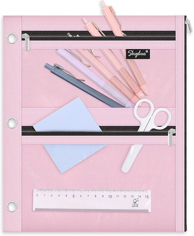 SKYDUE Pencil Pouch for 3 Ring Binder, 3 Compartment Zipper Pencil Case, Large Capacity Pen Organizer with Clear PVC Window for School Supplies, Students, Kids & Teachers