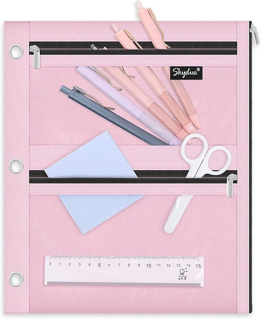 SKYDUE Pencil Pouch for 3 Ring Binder, 3 Compartment Zipper Pencil Case, Large Capacity Pen Organizer with Clear PVC Window for School Supplies, Students, Kids & Teachers