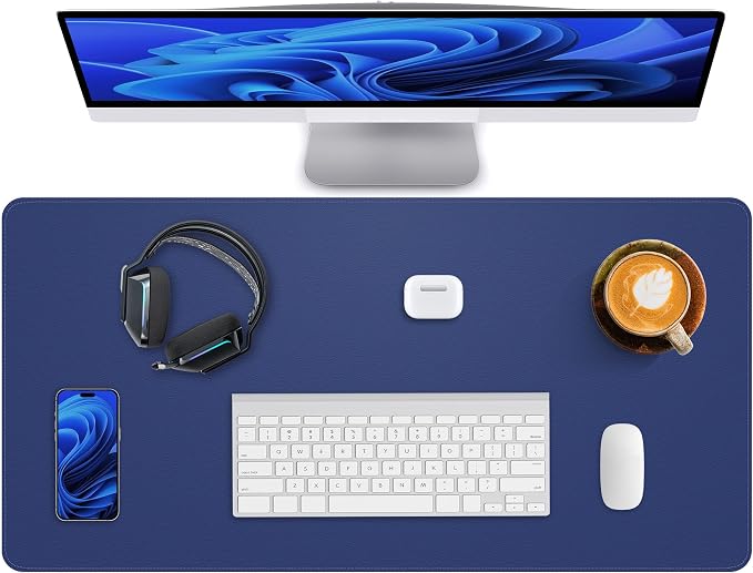 Leather Desk Pad Protector,Office Desk Mat,Large Mouse Pad, Non-Slip PU Leather Desk Blotter,Desk Pad,Waterproof Desk Writing Pad for Office and Home (Blue,35.4" x 17")