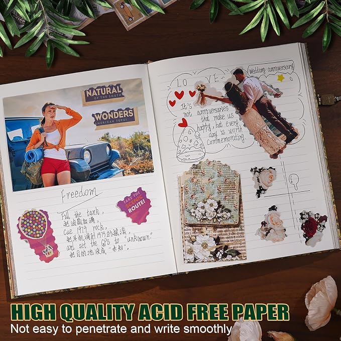 Retro 3D Hot Stamping Green Butterfly Flower Cover Notebook,Contains 96 Sheets/192 Blank Lines Lined Journal,With Envelope Pocket Journal,Suitable As A Notebook,Travel Diary,Wedding Anniversary.
