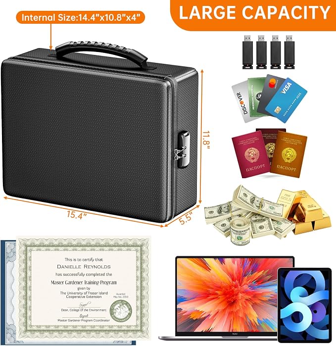ENGPOW Fireproof Document Box with Lock & Heat-Resistant Fireproof Zipper | 6400°F 12-Layer Fire Protection,Hard Case File Organizer with Multi-Pocket,Portable Home Safe Storage for Money,Jewelry