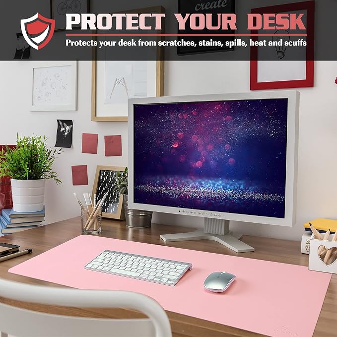 K KNODEL Small Desk Protector Mat, Leather Desk Pad (23.6"x13.8", Pink) | Non-Slip Desk Mat, Desk Pads and Blotters, Desktop Mat, Desk Protector and Cover, Office Computer, Laptop and Keyboard Mat