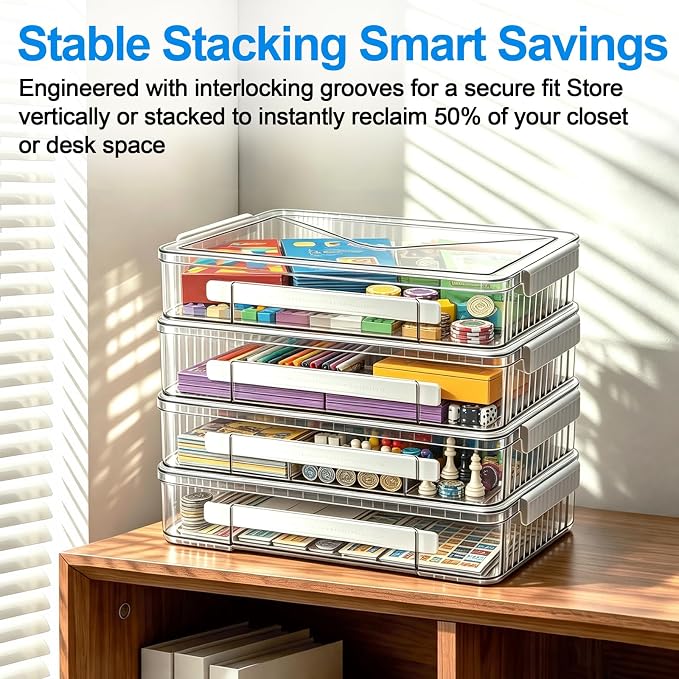 2 Pack Board Game Storage Box,Clear Stackable Craft Organizer | Clear PET with lid & side latches,Fits Letter & A4 papers,Flat cases for art,sewing supplies and documents organization