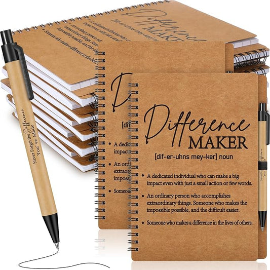 Nezyo 10 Sets Difference Maker Gifts Notebooks with Ballpoint Pens Employee Appreciation Gifts Mini Spiral Inspiration Journal Bulk for Leader Boss Coworker Nurse Teacher Difference Maker (Brown)