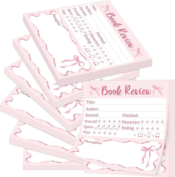 L1rabe Book Review Mini Sticky Notes - 6PCS Pink Bow Self-Stick Notepads | Back to School Memo Pads for Student, Reading Tracker Log Stickers, Book Lovers Readers Bookish Bookworm Supplies, 300 Sheets