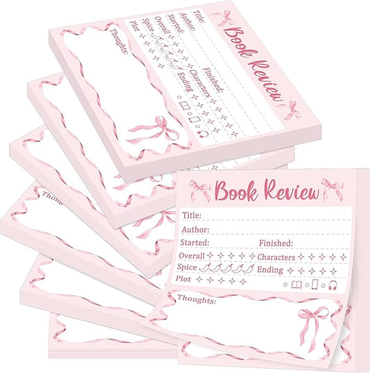 L1rabe Book Review Mini Sticky Notes - 6PCS Pink Bow Self-Stick Notepads | Back to School Memo Pads for Student, Reading Tracker Log Stickers, Book Lovers Readers Bookish Bookworm Supplies, 300 Sheets