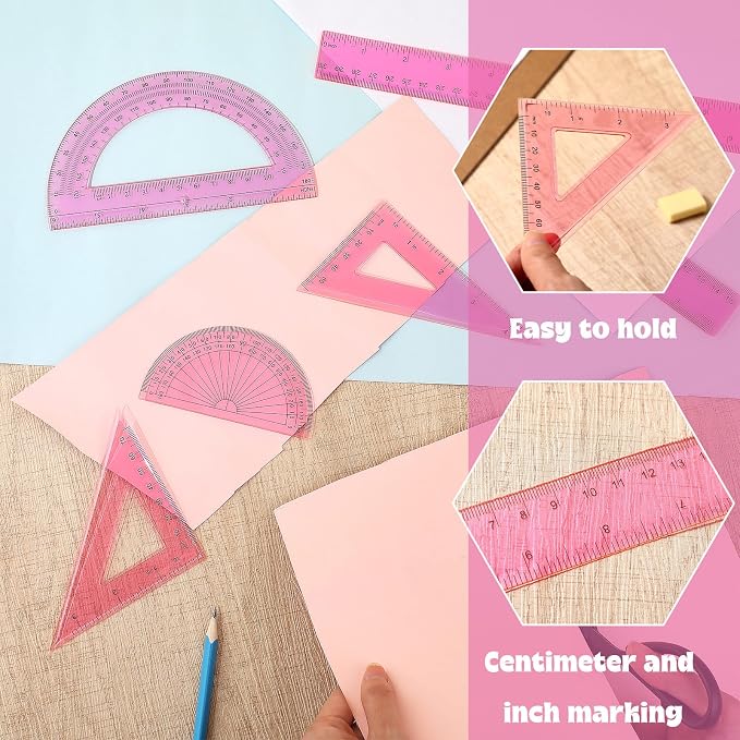 Zonon 7‑Piece Geometry Set with Drawing Compass, 6 & 4 Inch Protractors, Triangle Rulers and Straight Rulers, Transparent Math Drafting Supplies for Back to School, Students and Office Use(Pink)