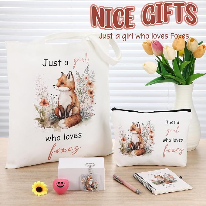 Kinlop 5 Pcs Foxes Gifts for Women Include Just a Girl Who Loves Foxes Tote Bag Canvas Cosmetic Bag Coil Notebook Keychain and Ballpoint Pen for Women Girls