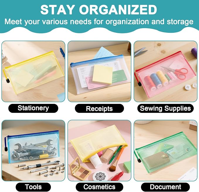 Mesh Zipper Pouch Bags - 5Pack A6 Waterproof Small Zipper Bags 4.7x9.3 Inch Clear Mesh Storage Pouches Assorted Colors for Home, Office, Travel, Receipts, Puzzles, Cosmetic