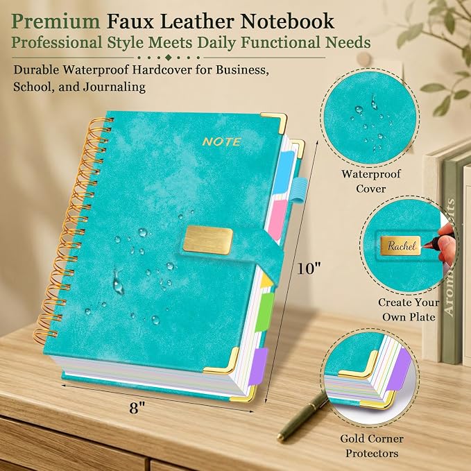 Hardcover Spiral Notebook 8''x 10'' College Ruled Notebook with Magnetic Closure, 300 Pages 5 Subject Notebooks with Pocket Dividers for Work School, B5 Leather Journal for Women, Men (Cyan)