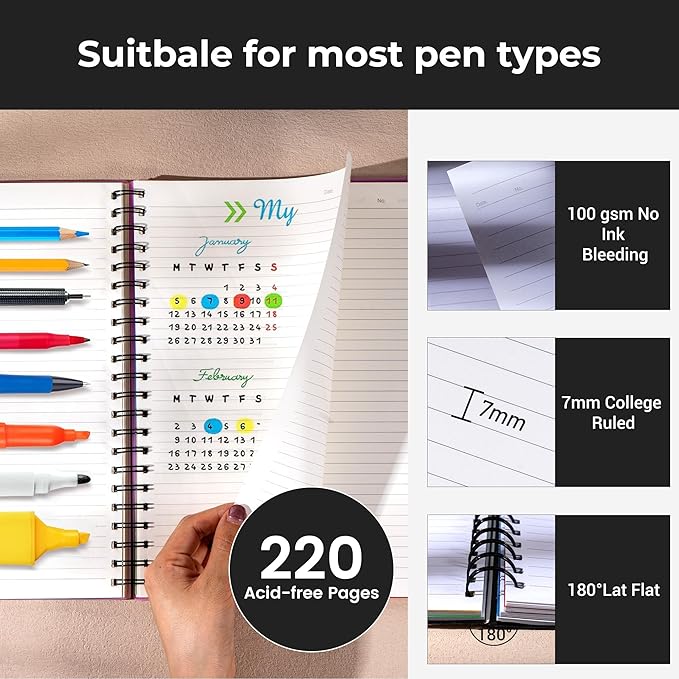 CAGIE 5 Subject Notebook, Small Spiral Notebook with Tabs | 6.1'' x 8.2'', A5 Spiral Notebooks College Ruled for Women, 240 Pages Note book for School Note Taking, Black