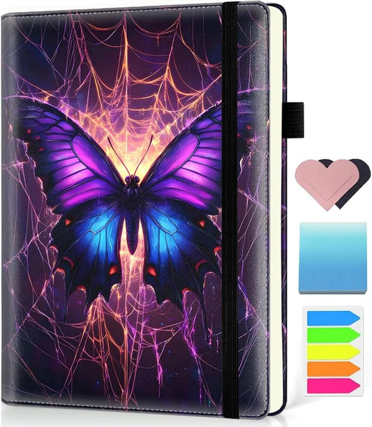 Hardcover Executive Notebooks, A5 PU Leather Lined Journal Notebook, 200 Pages Thick Paper Subject Notebooks for School,Work,Home Writing Business Notebook, Diary Book ，Purple Butterfly Spider Web