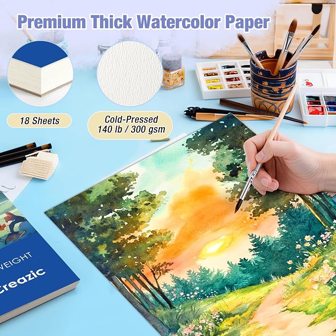 Creazic Watercolor Paper Pad, 9"x12" Water Color Paper (140lb/300gsm, 18 Sheets) - Artist Grade for Watercolor, Acrylic, Gouache & Drawing - Art Sketchbook, Watercolor Journal for Adults & Kids, Blue