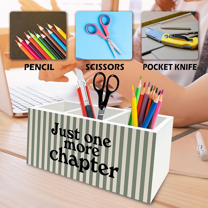 Book Lover Classroom Pen Pencil Holder Organizer for Desk, Just One More Chapter Bookish Striped Wooden Box Signs Decorations for Reading Nook Room Library Desk Tabletop, Book Lover Reader Gifts