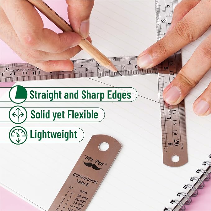 Mr. Pen- Metal Straight Edge Ruler, 4 pcs, 6", 8", 12", 14" | Stainless Steel Ruler Set, Imperial & Metric Measurements for Drawing, Home, Office, Engineering