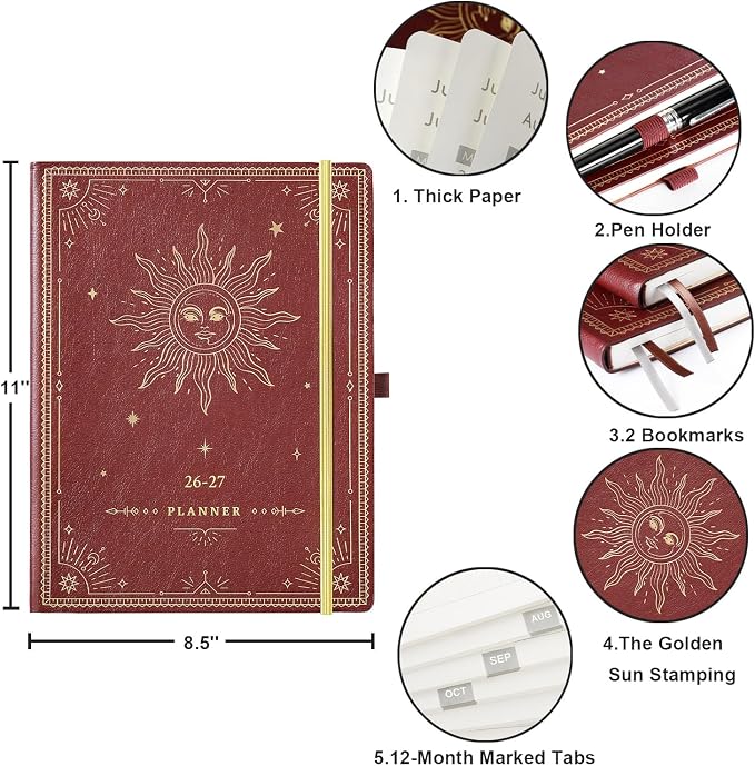 2026-2027 Planner - Academic Planner 2026-2027, 9" x 11", Jul. 2026 - Jun. 2027, Weekly and Monthly Planner 26-27, Leather Cover with Thick Paper, Back Pocket - The Sun