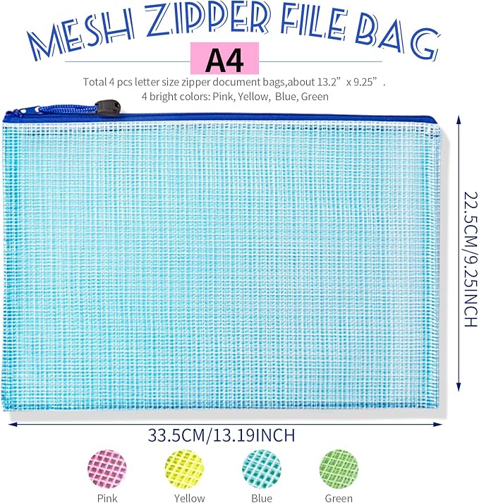 LEOBRO Mesh Zipper Pouch Bags, 13.2"x 9.2" Zipper Pouch, 4 pcs Mesh Bags, Storage Bags Pouch for Organization Toy Puzzles Board Game Travel, File Jackets & File Pockets