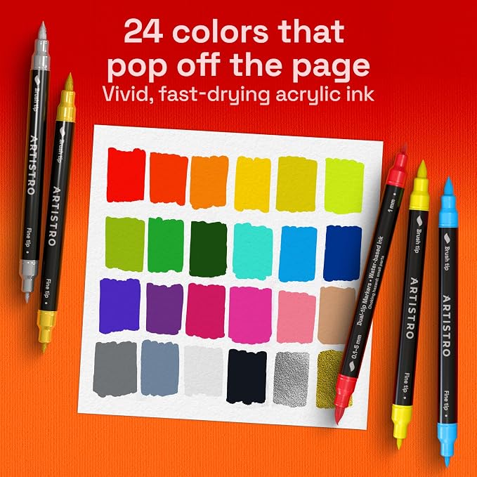 ARTISTRO 24 Acrylic Paint Markers - Paint Pens for Drawing - For Fabric, Rock, Glass, Wood, Molds - Arts & Crafts Gift for Adults, Teens, Kids, Classroom Must Haves & School Supplies