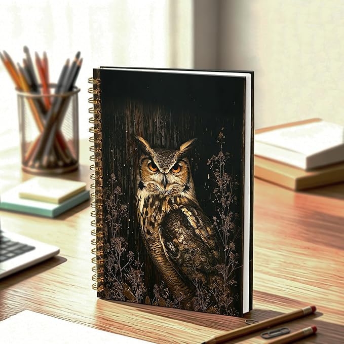 HOXUNQINA Dark Academia Moody Owl Journal Notebook 5.5x8.3 | Owl Lovers Gifts for Women Men Journal, Moody Rustic Botanical Wildlife Bird Notebooks for Work