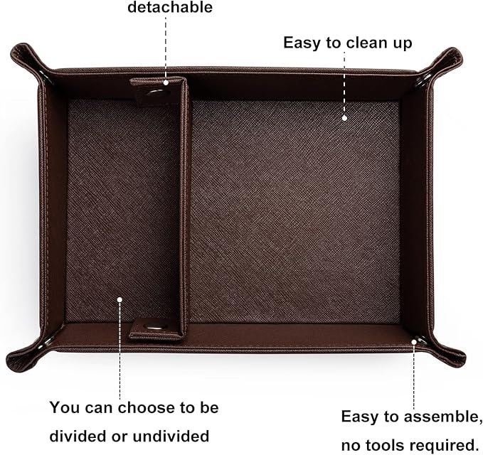 Valet Tray for Men PU Leather Tray Organizer with Partition Luxurious | Night Stand During Trays Storage Keys, Watch & Practical Storage for Table Nightstand Living Room Bedroom (Dark Brown)