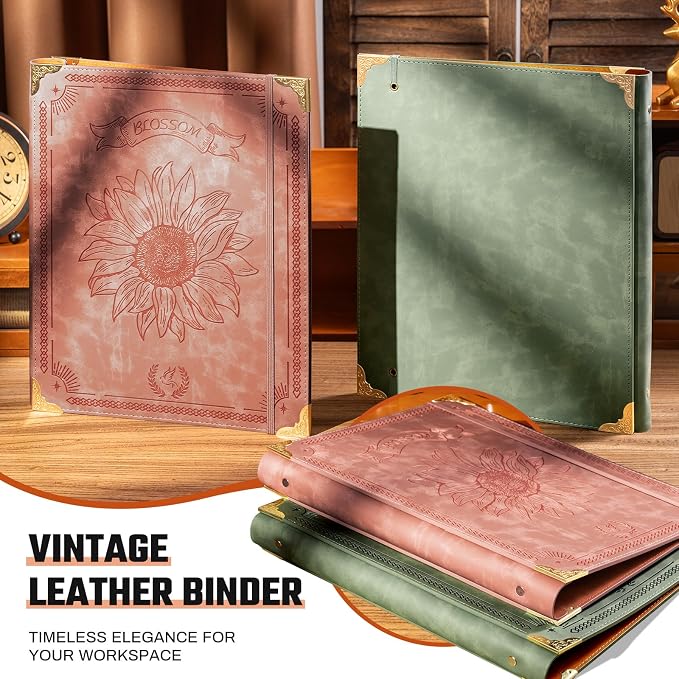 Ovesmusl Sunflower PU Leather 3 Ring Binder 1 Inch Round Ring Binder Holds 200 Sheets 8.5"x11" Letter Size Paper, Wedding Family History Notebook Cover Loose Leaf Organizer, Pink