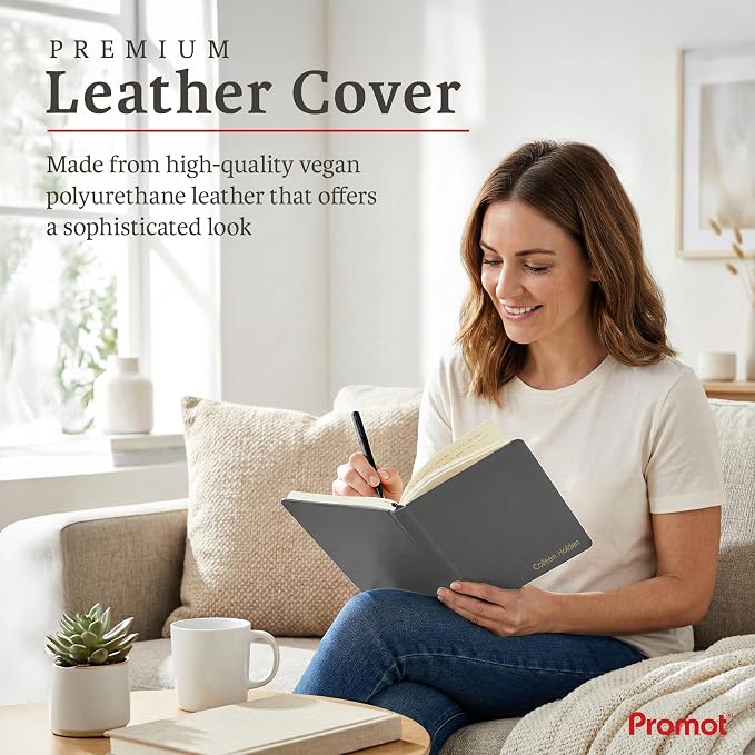 Promot PU Leather Ruled Journal Notebook- Custom Gold Metallic Text (Gray) | Premium Leather-Look Cover, Smooth Lined Writing Pages, Durable Everyday Construction, Lay-Flat Writing Experience