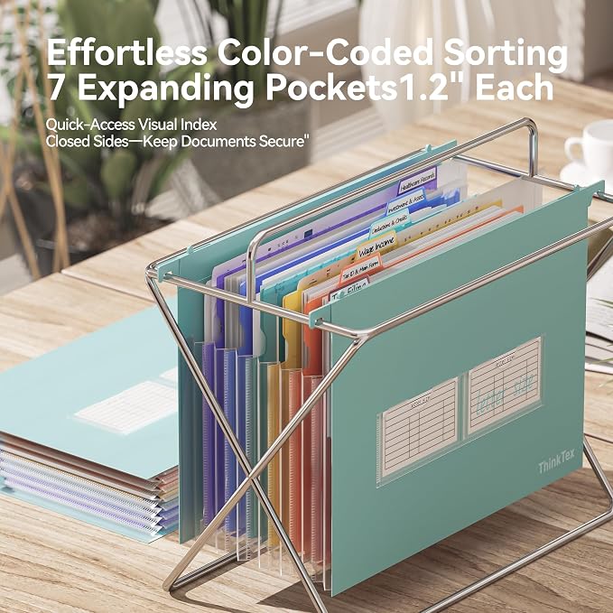 ThinkTex Plastic Expanding Hanging File Folders, 7 Innovative 1.2" Accordion Pockets, Large Capacity, Multi-Color Tabs, Letter Size for Filing Cabinet - Green