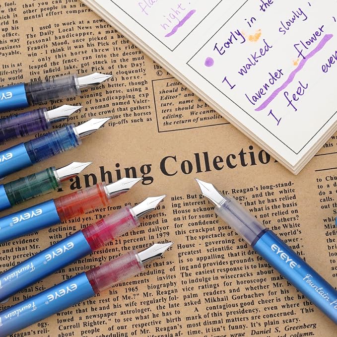 EYEYE Disposable Fountain Pens for Writing, Pack of 8 Black Fountain Pens Medium Point Stainless Steel Nib