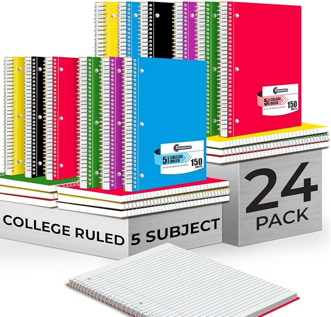 Rosmonde Bulk Spiral Notebook 24 Pack, 5 Subject, 300 Pages/Book (150 Sheets), 8 x 10-1/2, College Ruled, School & Office Spiral Notebooks, Back to School Notebook Journal, Soft Cover, Assorted Colors