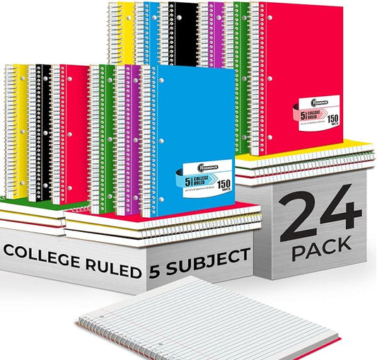 Rosmonde Bulk Spiral Notebook 24 Pack, 5 Subject, 300 Pages/Book (150 Sheets), 8 x 10-1/2, College Ruled, School & Office Spiral Notebooks, Back to School Notebook Journal, Soft Cover, Assorted Colors