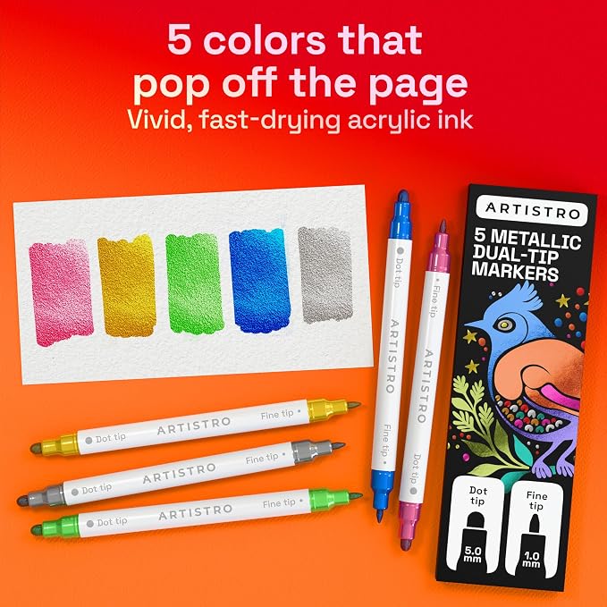 ARTISTRO 5 Metallic Dual-Tip Acrylic Paint Markers – Paint Pens Set with Dot & Fine Tips for Fabric, Rock, Glass, Wood, Coloring Books – Arts & Crafts Gift – Classroom Must Haves & School Supplies
