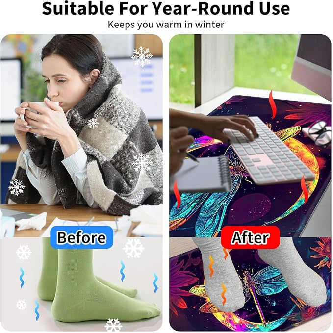 Heated Desk Pad Mouse Pad,Heated Desk Mat,with 3 Heating Levels & 3 Hours Auto Shut-Off,Leather 23.6"*14.2" Gaming Mouse Laptop Mat,Foot Warmer,Glitter Dragonfly Moon
