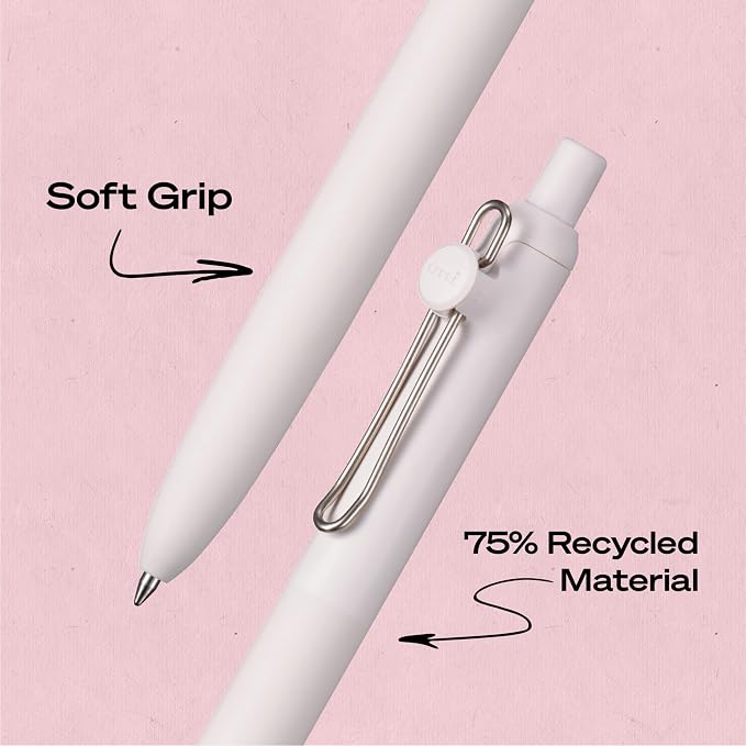 uniball™ The Elle Pen Set, Zento Gel Pens with Pink Puff, Black Ink, 0.7mm Medium Point, Retractable, 4 Count, Smooth Writing, Quick-Drying, No Smear, Fashion Barrel Colors