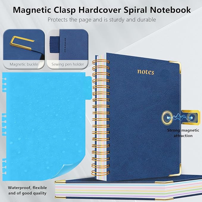 Hardcover Spiral Notebook College Ruled, 6.2"x 8.2" Leather Journal Notebook with Magnetic Closure, 300 Pages 5 Subject Notebook with Dividers Tabs Journal for Women Men, Work, School(Dark Blue)