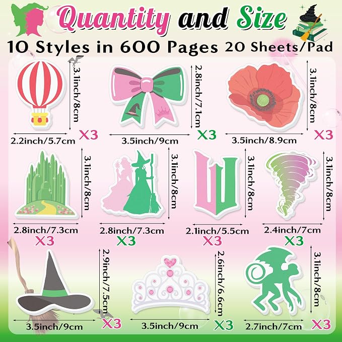 AgincBerry Princess Witch Sticky Notes - 30PCS Pink and Green Witch Musical Self-Stick Note Back to School Stationery Gift, Magic Princess Writing Sticky Notepad for Office Party Goodie Bag Fillers