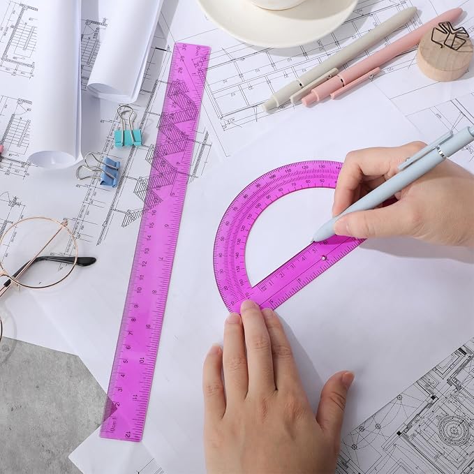 Zonon 2 Pcs 12 Inch Clear Ruler and 6 Inch Plastic Protractor Set, Dual Scale Inch/Cm Math Geometry Measuring Tools for Back to School Students Teachers Classroom Office Drafting Use(Purple)