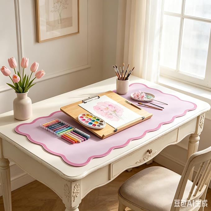 yuboo Pink Scalloped Desk Mat, 31" x 15.7" Large Waterproof Pastel Desk Mat Kawaii Cottagecore Aesthetic Desk Pad Desktop Keyboard Mouse Mat for Dorm Office Gaming Decor