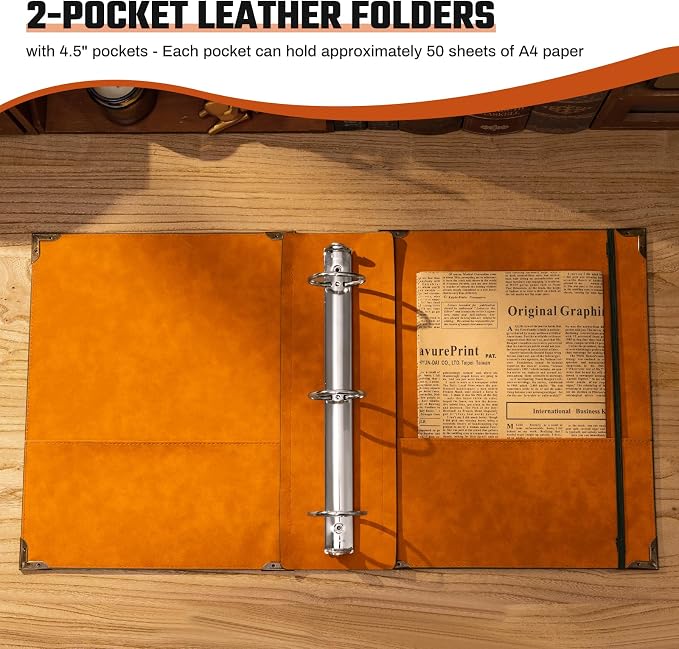 Ovesmusl PU Leather 3 Ring Binder Fits 8.5"x11" Letter Size Paper, 1.5 Inch Round Ring Binder Holds 350 Sheets, Notepad Paper Cover Loose Leaf Organizer, Brown Tree