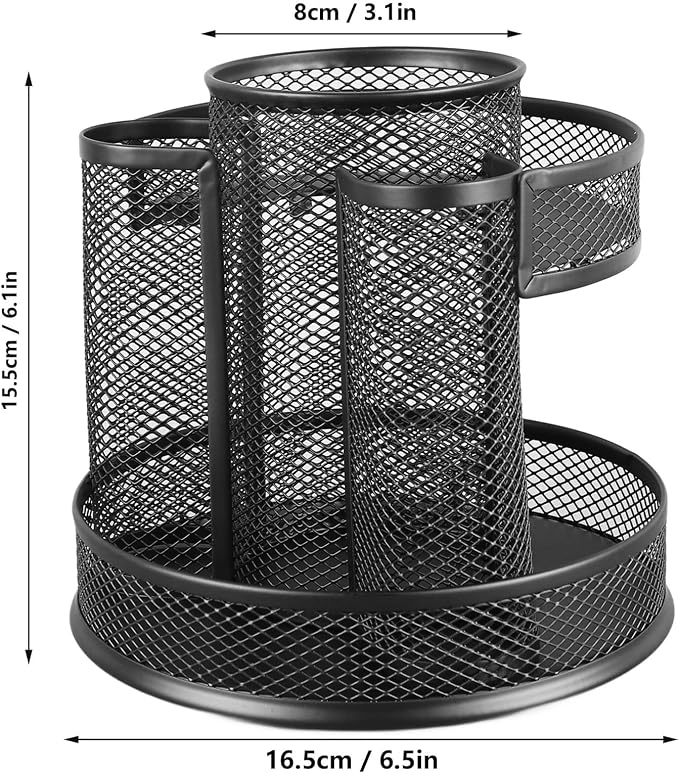 HERCHR 360 Rotating Desk Pen Holder Organizer, Black Mesh Metal Rotating Pencil Holder with 7 Compartments, Office Desk Organizer for Pencils Scissors Art Supplies, 6.1x6.5x3.1in