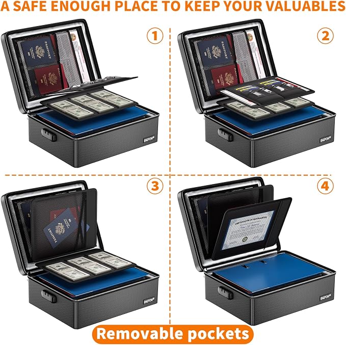 ENGPOW Fireproof Document Box with Lock & Heat-Resistant Fireproof Zipper | 6400°F 12-Layer Fire Protection,Hard Case File Organizer with Multi-Pocket,Portable Home Safe Storage for Money,Jewelry