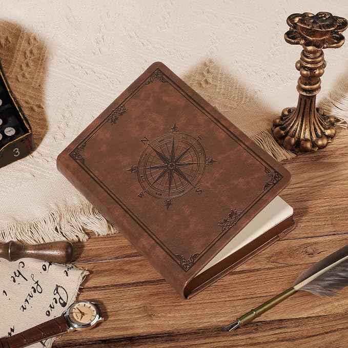 AHGXG Thick Blank Notebook, 320 Numbered Pages, A5 (5.75'' X 8.38'') | 100GSM Plain Paper, Vintage Leather Hardcover, for Men Women Work Office School (Brown)