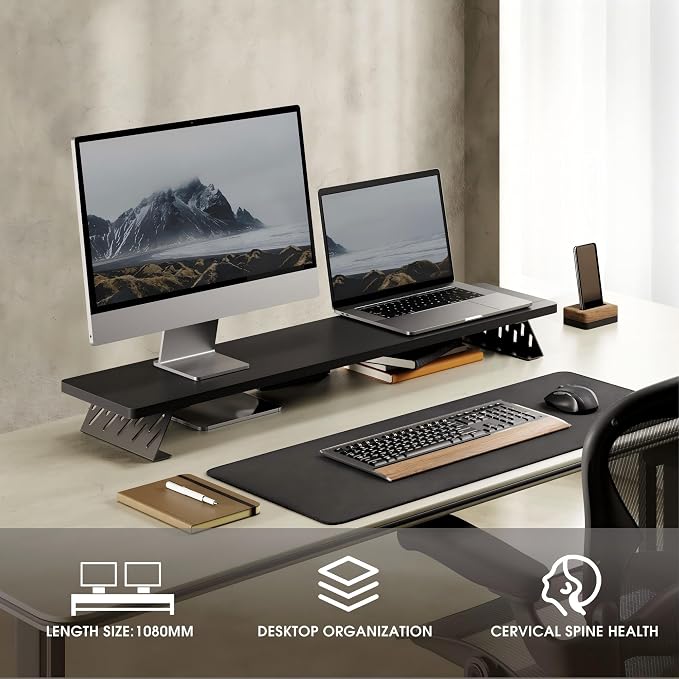 Fenge Monitor Stand Riser, Wooden & Metal Desk Shelf Organizer, Black | 42.5 Inch Dual Monitor Riser for 2 Monitors, Multifunctional Monitor Shelf for Laptop, PC, Printer