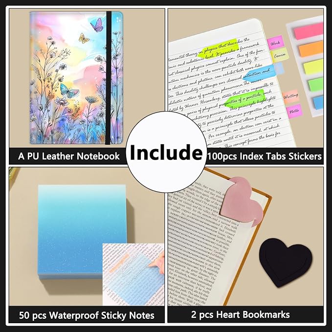 A5 Leather Lined Journal Notebook, 200 Pages Hardcover Executive Notebook for Office School Note Taking, Thick Writing Paper Daily Journal with Bookmarks/Indexes, Butterfly Watercolor Flower