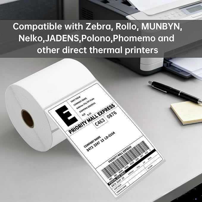 4x6 Thermal Shipping Labels, HUOJI 500 Labels/2 Rolls (250 Pcs per Roll) Compatible with Rollo, Zebra, MUNBYN, Jadens, Nelko, Commercial Grade