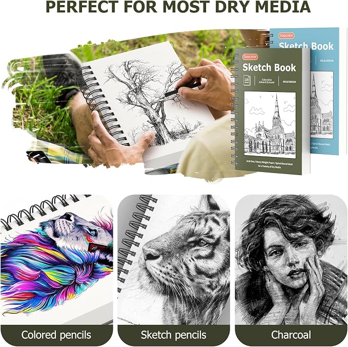 Soucolor Sketchbook 5.5" x 8.5", 2 Pack Mini Sketch Book | Spiral Bound Sketch Book with 200 Sheets 68lb/100gsm Acid-Free Paper, Drawing Notebook for Adults Kids Artists Art Supplies