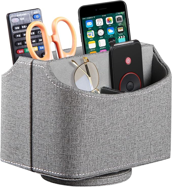 PU Leather 360° Rotatable Remote Control Holder,Nightstand TV Remote Caddy | Office Supplies Desktop Organizer,Spinning Storage Box for Pen,Mail,Phone,DVD, Blu-Ray, Media Player, Heater Controllers