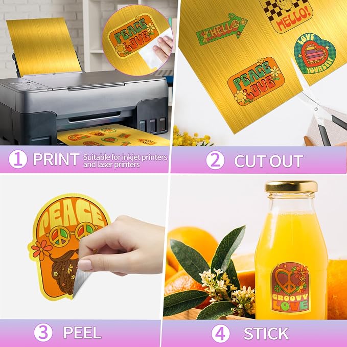 STARLIBOO Gold Printable Sticker Paper, 25 Sheets Printable Holographic Gold Sticker Paper, Laser/Inkjet Printing-Letter Size (8.5" x 11")