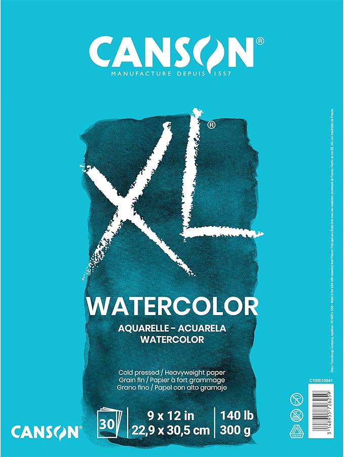 Canson XL Series Watercolor Paper Pad, 9" x 12", 30 Sheets/Pad, 6 Pads | Cold Press Textured Paper for Paint, Pencil, Ink, Charcoal, Pastel, and Acrylic, 140 lb. (300 gsm)