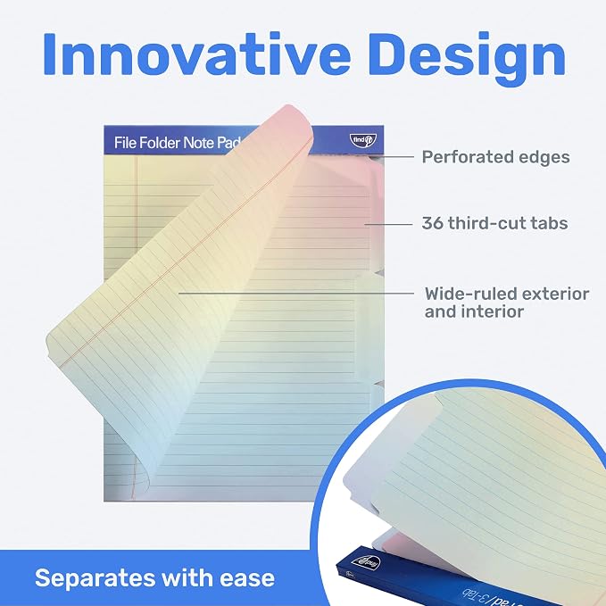 Find It File Folder Notepad - Pack of 36-9.5 x 12.5 Inch Notebook Organizer Folders for Filing, Document, and Clipboard Organization - Rainbow | Wide-ruled clipboard-style pages, tear-out perforated sheets, great for office, home, and school filing org...